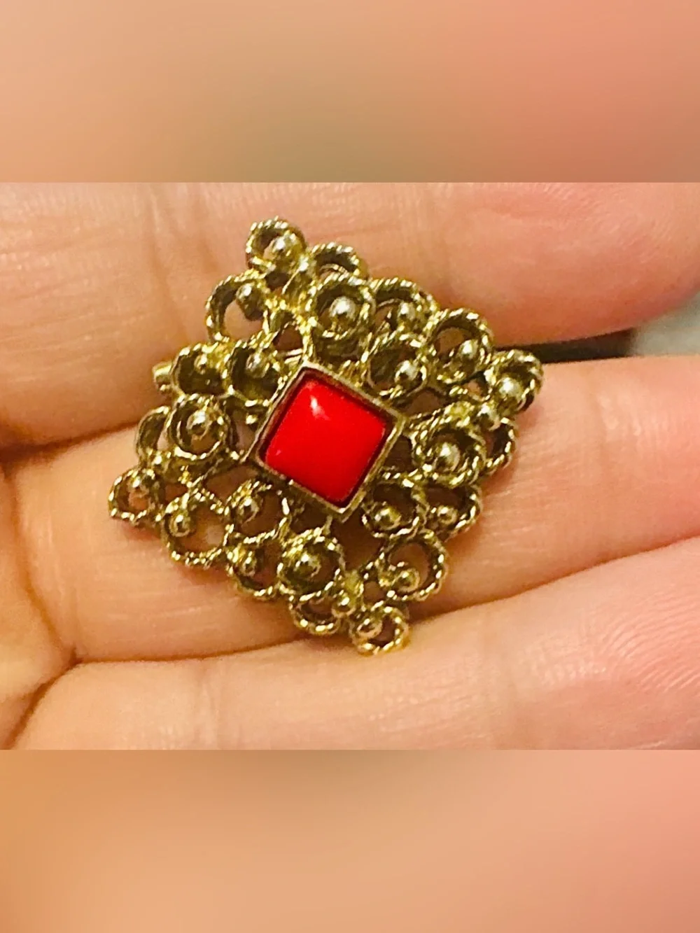 Vintage Gold Tone Statement Brooch Red Cabochon Ornate Pin.
